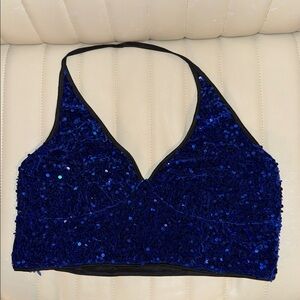 SHEIN Sparkling Sequin Halter Crop Top in Deep Blue